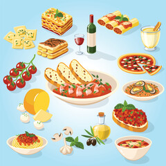 Flat Illustration Assortment of Traditional Italian Cuisine Food Dishes