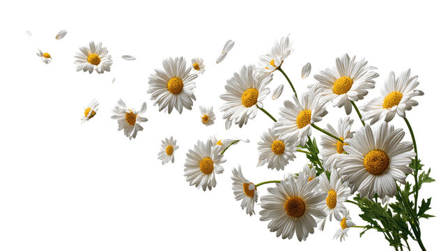 White daisies with petals swirling in a dark background