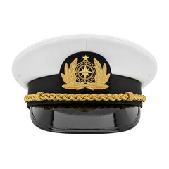 White naval cap with black visor, gold rope band and compass emblem, isolated on clean white background as maritime uniform accessory and nautical symbol