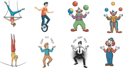 Circus performers, cartoon clowns, juggling act, acrobats, unicycle rider, trapeze artist, vector illustration, comic style, carnival show, entertainment scene