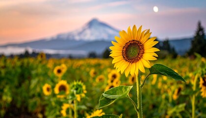 Sunflower field at sunset with mountain