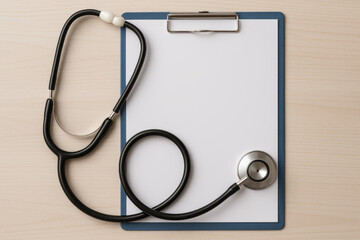 Stethoscope clipboard healthcare medical concept with blank paper for health record or care plan on wooden desk background in hospital or clinic for professional doctor or nurse use