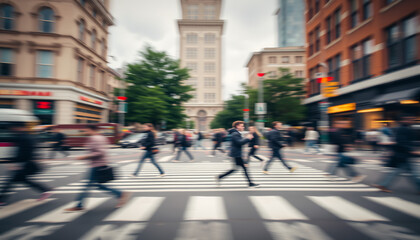 Dynamic Motion Blur of Pedestrians Crossing Busy City Street Crosswalk.