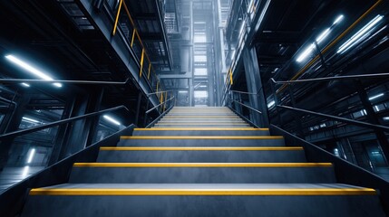 Wide staircase with yellow safety edges ascending into futuristic industrial interior of steel beams and illuminated panels.