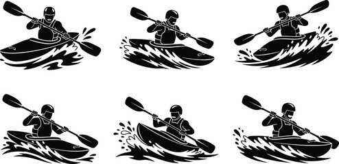 Obraz premium Kayaking action silhouettes, extreme water sports, adventure paddling, river kayaking icons, outdoor activity, whitewater kayaking illustrations, athlete kayakers