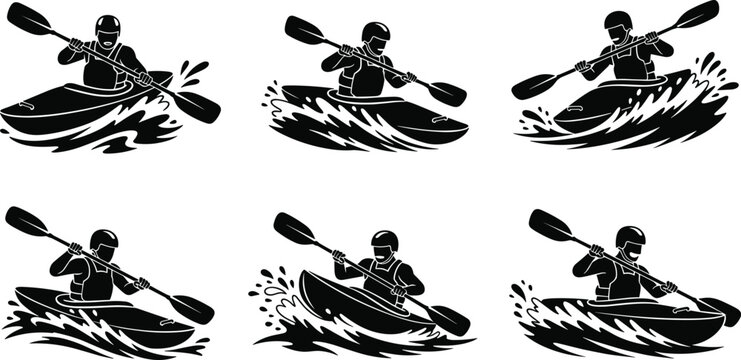 Kayaking action silhouettes, extreme water sports, adventure paddling, river kayaking icons, outdoor activity, whitewater kayaking illustrations, athlete kayakers