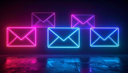 Neon Envelope Icons Glowing In Dark Room.