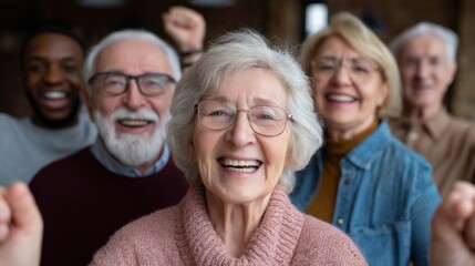 Group of cheerful seniors celebrating together in a cozy indoor setting during a gathering event