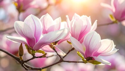 Obraz premium Magnolia blossoms in spring sunlight, delicate pink and white petals.