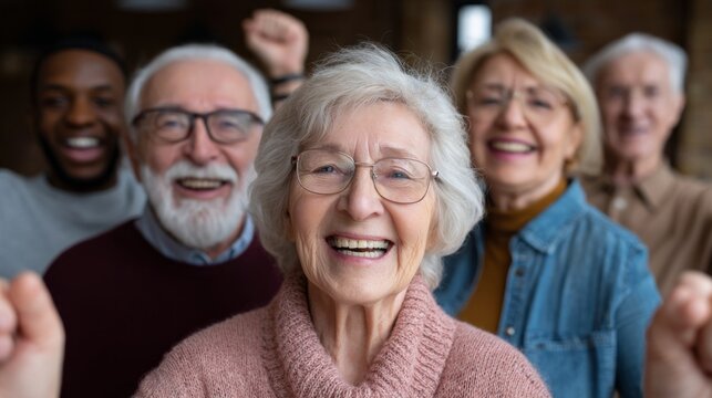 Group of cheerful seniors celebrating together in a cozy indoor setting during a gathering event