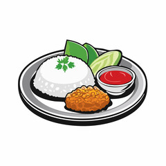 Vibrant vector illustration of a classic Asian comfort food plate, showcasing fluffy white rice, golden crispy fried chicken, fresh cucumber, basil, and a side of fiery red chili sauce