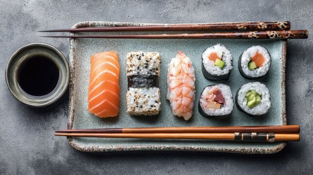 Assorted sushi on a tray with chopsticks