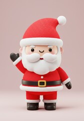 Obraz premium Cartoon Santa Claus stands, smiling with a wave, wearing his classic red suit and hat on a light pink backdrop