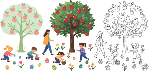 Children collecting colorful Easter eggs, apple trees in bloom, outdoor spring activity, family walk, kids playing, flowers blooming, festive holiday scene