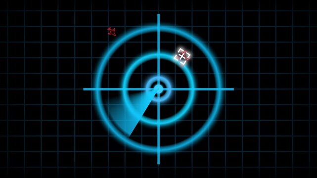 Animated digital radar system showing aircraft and target detection on a black screen. High-tech radar display. Animated neon scanner with blue effects. Digital radar interface.