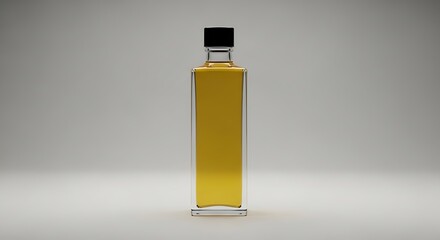 Rectangular Glass Bottle of Golden Liquid.