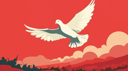 Obraz premium White dove soaring above a battlefield, symbolizing peace amid chaos during conflict