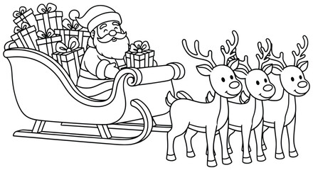 Santa Claus vector illustration of a festive Christmas scene showing Santa riding in a sleigh full of presents pulled by cheerful reindeer in joyful outline style