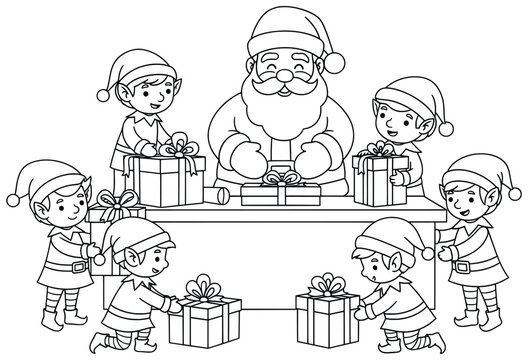 Santa Claus vector illustration of a joyful Christmas workshop scene showing Santa with happy elves working together carrying and wrapping presents in festive outline style
