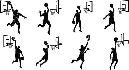Silhouettes of basketball players dunking, shooting, dribbling, dynamic action, athletic movement, sports energy, competitive game, teamwork, basketball hoop, slam dunk