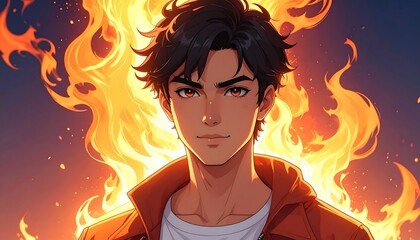 Portrait of a young man with dark hair and glowing eyes, surrounded by fiery flames, set against a dark sky