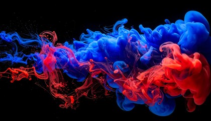 Vibrant plumes of blue and red liquid blend dramatically against a stark, black background, creating a dynamic abstract composition