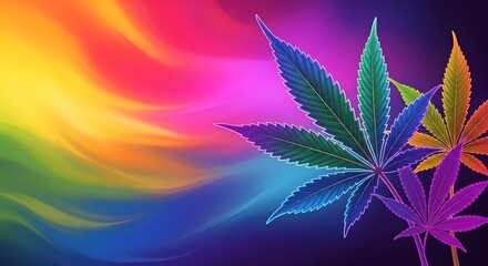 Vibrant cannabis leaf with rainbow colors flowing behind it, symbolizing diversity and creativity