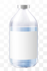 Medical Bottle. Glass Pharmacy Bottle. Drug Vial Blank. Saline solution Jar Template with Screw Lid Design. Essential Aromatic Oil Container Mockup. Round Medicine Storage. Realistic 3d vector