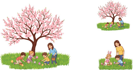 Kids Easter egg hunt, spring celebration, blooming cherry tree, joyful children playing, colorful eggs, outdoor event, family fun activity