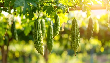 Green gourds hanging from vines