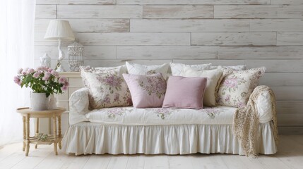 cottagecore living room full view, ruffled light cotton sofa with soft floral embroidery in dusty pastel tones, whitewashed plank wall, soft window light