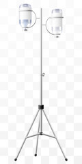 Hospital IV Stand with Drug Vials – Medical Infusion Pole with Hooks, isolated. Dropper Stand with Glass Medical Bottle. Laboratory equipment for blood transfusion. Realistic 3d Vector Illustration