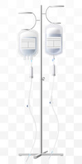 Medical drip system with bag on tube isolated on transparent background. IV Blood Bag Dropper Stand. Laboratory equipment for blood transfusion. Realistic 3D vector illustration.