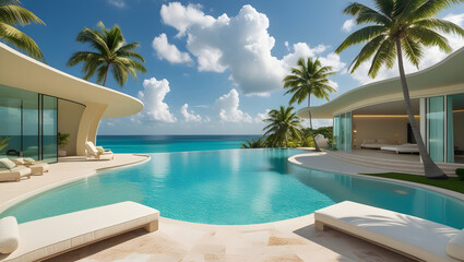 Fototapeta premium A luxurious villa with an infinity pool overlooking the ocean and palm trees under a clear blue sky