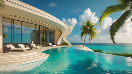 Fototapeta premium A luxurious villa with an infinity pool overlooking the ocean on a tropical island paradise