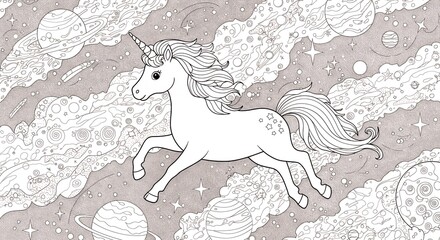 White unicorn running through space clouds