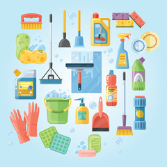 Flat Style Detailed Cleaning Equipment and Supplies Illustration Set