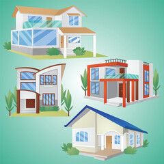 Various Style of Contemporary Family House Building Architecture Illustration