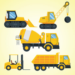 Flat Style Detailed Construction Vehicle Set Illustration, Heavy Machinery Transport