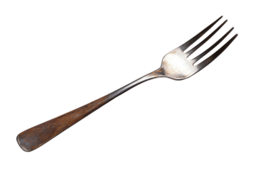 A silver fork with a wooden handle, isolated on a white background, ideal for culinary presentations.