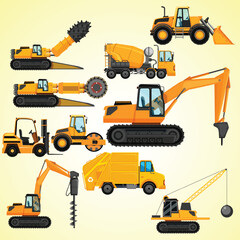 Flat Design Detailed Construction Equipment Illustration Heavy Machinery Collection