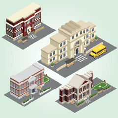 Isometric Colorful School Campus Building Element with Various Architectural Styles