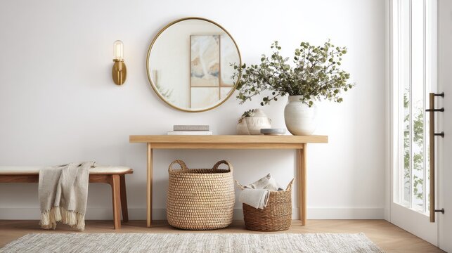 modern scandi entryway, ash wood console table, round mirror, woven basket, neutral rug, white walls, warm sconce light
