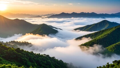 Misty mountain sunrise landscape