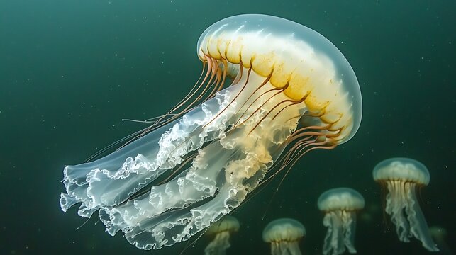 A group of jellyfish floating in the ocean with a dark green background and soft light on them all around - Powered by Adobe