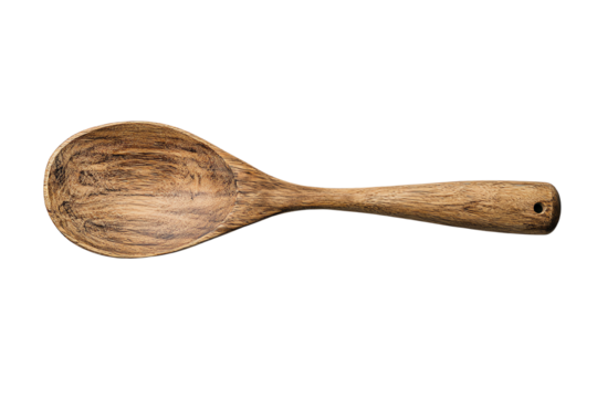 A handcrafted wooden spoon on a white isolated background, showcasing natural wood patterns and texture for culinary uses.