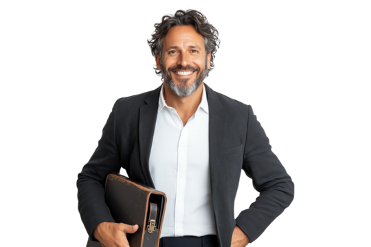A smiling businessman holding a briefcase, dressed in a suit, isolated on a white background.