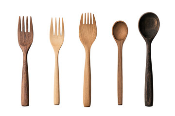 A collection of wooden utensils including forks and spoons, perfect for cooking and serving, isolated on a white background.