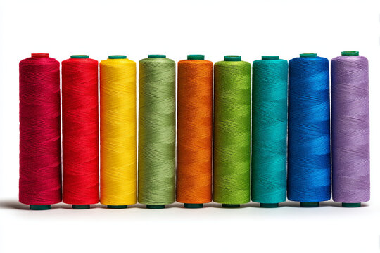 Colorful thread spools lined up neatly, showcasing vibrant textile crafting potential against crisp white surface
