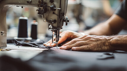 Skilled tailor's hands precisely manipulating dark textile beneath industrial sewing machine needle, revealing meticulous garment manufacturing expertise
